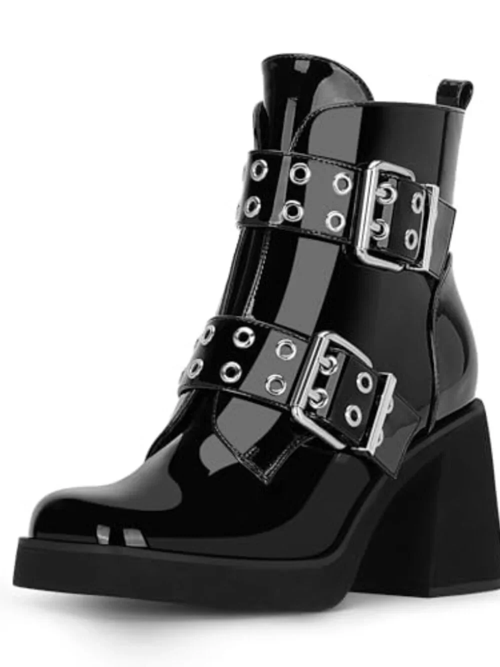 Patent Leather Chunky Heel Buckle Ankle Boots Side Zipper Platform Booties
